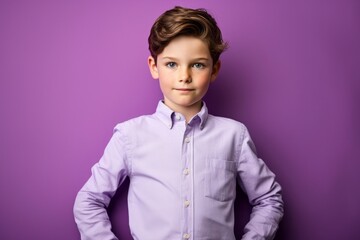 Close-up portrait photography of a glad kid male putting hands on hips against a lilac purple background. With generative AI technology