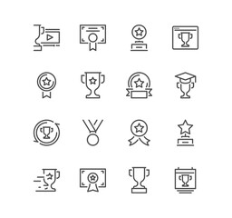 Set of awards related icons, ribbon badge, trophy, winner, medal, certificate, online competition and linear variety symbols.