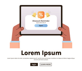 Discount pop up box with a percent sign and notification or message about a gift coupon for the purchase or subscription of a product flat illustration.