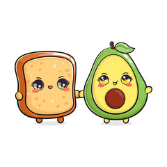 Avocado and bread friends concept. Vector hand drawn doodle style cartoon character illustration icon design. Happy Avocado and bread friends concept card