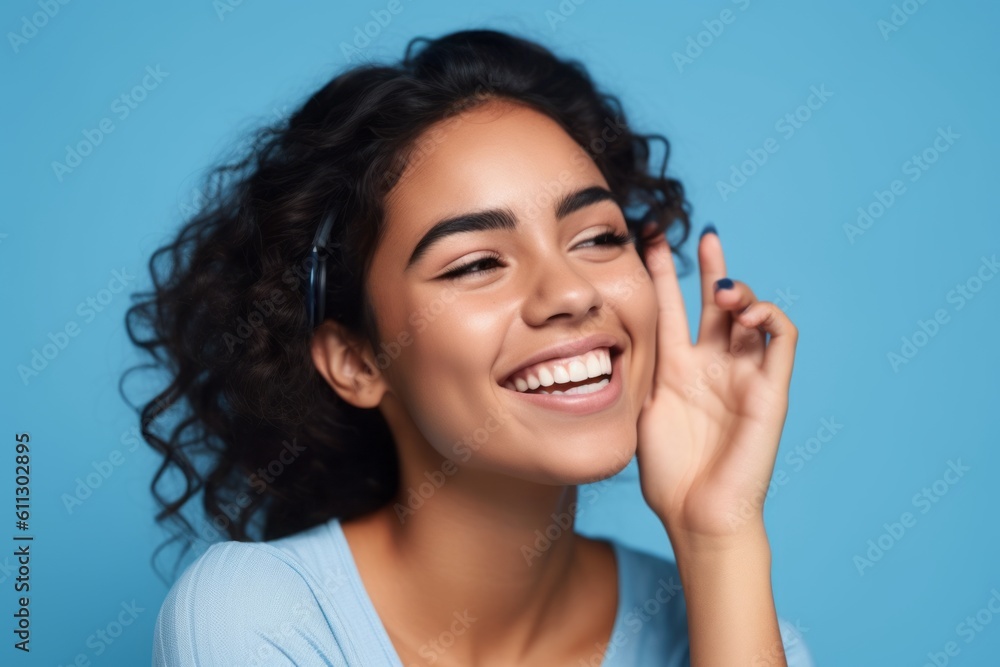 Canvas Prints Headshot portrait photography of a joyful girl in her 20s making a i'm listening gesture with the hand on the ear against a periwinkle blue background. With generative AI technology