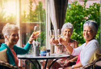 Toast, wine and portrait of senior women or friends in retirement, reunion or social celebration,...