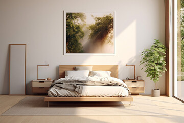 Modern bedroom, and living room in a contemporary house, with a 3D mockup canvas frame on the wall, Generated with AI