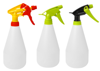 set of white spray pistol bottle for detergent isolated on transparent.