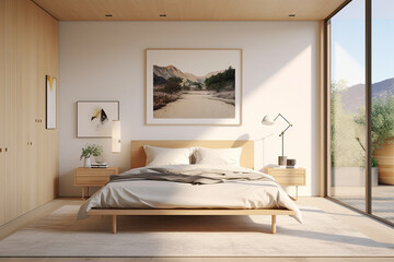 Modern bedroom, and living room in a contemporary house, with a 3D mockup canvas frame on the wall, Generated with AI