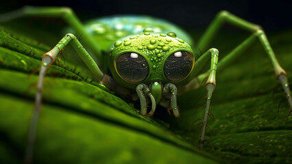 Fototapeta premium a beautiful green spider is sitting on a leaf. Generative AI.