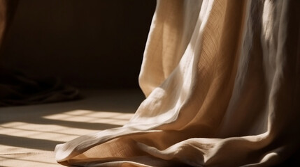 Aesthetic natural textile background with abstract sunlight shadow, neutral beige linen draped fabric, copy space. Generative ai.