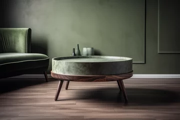Foto op Plexiglas Round wooden coffee table podium, black steel leg, sage green suede leather sofa in sunlight on concrete wall, background 3D. generative AI © TimosBlickfang
