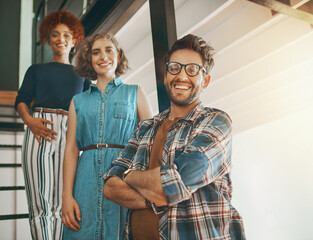 Fototapeta premium Portrait, designers or happy people on stairs for team building, motivation or collaboration success. Startup company, teamwork or proud employees smiling with confidence or positive mindset on steps
