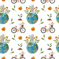 Seamless pattern with leaves, planet, recycling sign and inscription on a theme zero waste on white background. Perfect for brochures, promotional materials, wrapping paper,