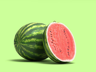 watermelon with a half cut piece 3d render on color background