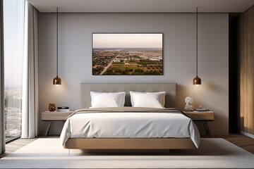 Modern bedroom, and living room in a contemporary house, with a 3D mockup canvas frame on the wall, Generated with AI
