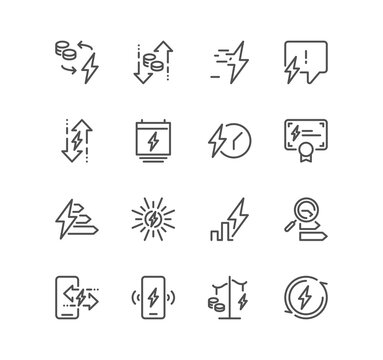 Set of energy related icons, power consumption level, energy costs, energy saving, friendly power and linear variety symbols.