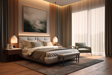 Fototapeta premium Modern bedroom, and living room in a contemporary house, with a 3D mockup canvas frame on the wall, Generated with AI