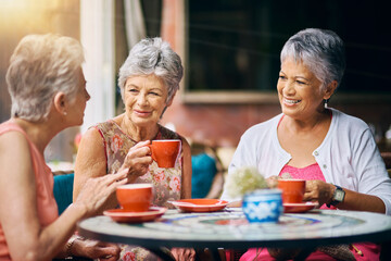 Coffee shop, happy and senior women talking, discussion and having friends reunion, retirement chat...