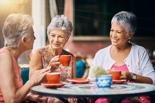 Coffee shop, happy and senior women talking, discussion and having friends reunion, retirement chat or social group. Restaurant, tea and elderly people in conversation for pension, discount and cafe