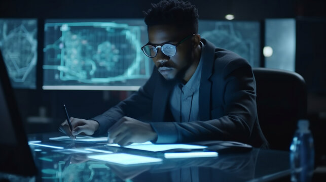 African, american programmer working with hologram checking data while creating security system. Using holographic image and new interface for cloud computing. 