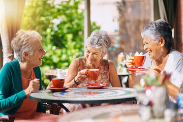 Coffee shop, funny and senior women talking, laughing and having friends reunion, retirement chat...
