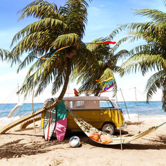 Yellow van with summer accessories on beautiful tropical sand beach. Summer travel concept background. 3D Rendering, 3D Illustration