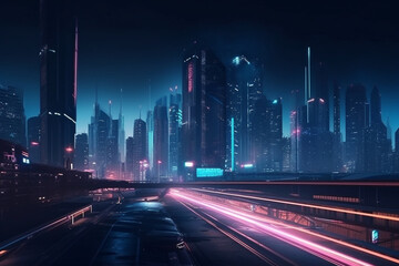 Fototapeta na wymiar Futuristic cyberpunk city with blue and pink light trail. Concept sci fi downtown at night with skyscraper, highway and billboards. 3D illustration ai generated