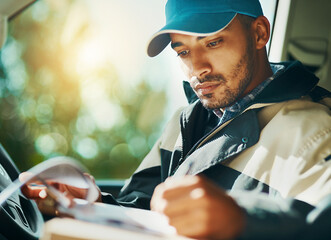 Writing, delivery and checklist with man in van for courier, logistics and shipping. Ecommerce,...