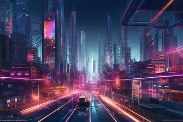 Futuristic cyberpunk city with blue and pink light trail. Concept sci fi downtown at night with skyscraper, highway and billboards. 3D illustration ai generated