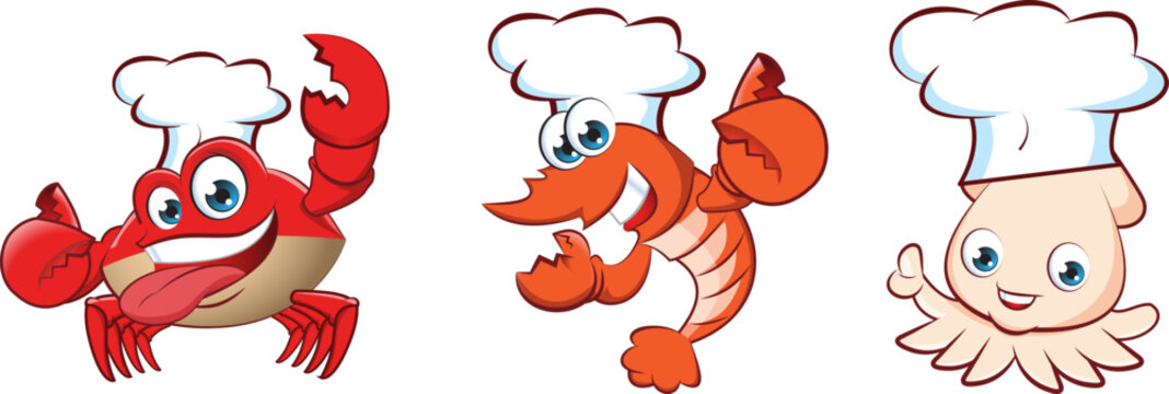 Cute cartoon seafood chef in white cook hat. Suitable for children's book elements and seafood menu restaurant design.