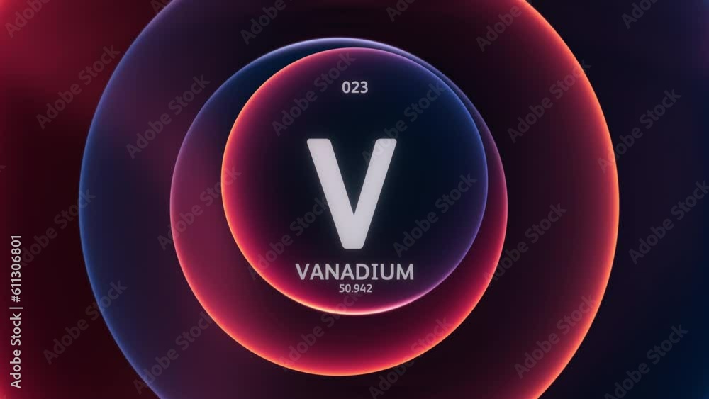 Sticker vanadium as element 23 of the periodic table. concept animation on abstract red blue gradient rings 