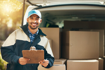 Happy, delivery and checklist with portrait of man for courier, logistics and shipping. Ecommerce, export and distribution service with male postman by van for mail, package and cargo shipment
