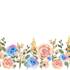 Seamless border of flowers. Watercolor illustration. Floral background. A frame of roses, peonies, gerberas, calendula, cosmea.