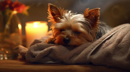 Relaxed Yorkshire terrier in Spa Studio. Generative AI