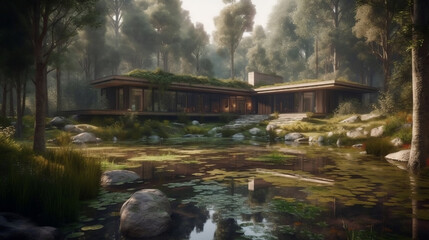 Fototapeta na wymiar An architecture house among the natural forest with rustic landscape. Concept of cozy environment with pond in middle of the resident design. Generative ai.