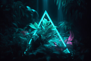 Vibrant glowing green triangle illuminating the night forest bushes. Generative AI