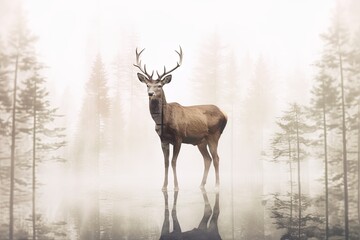 Deer in the foggy forest double exposure illustration - Generative AI.