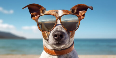 Obraz na płótnie Canvas Playful Summer Companion. Cute Dog in Sunglasses on the Beach. Generative AI