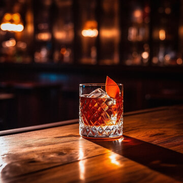 Old fashioned Cocktail in a dimly lit bar, moody atmosphere, cosy and warm. Late night cocktail bar, restaurant. Whiskey Glass.