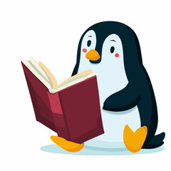 penguin reading a book - childrens drawing - flat vector art