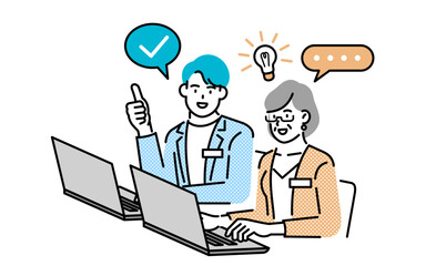 man sitting at laptop talking to woman office worker
