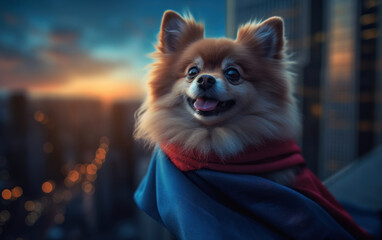 Caped Crusader: Pomeranian Dog on a Skyscraper Ledge. Generative AI