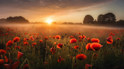 Fototapeta na wymiar Red poppy field in morning