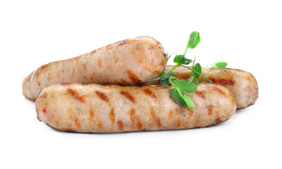 Tasty fresh grilled sausages with microgreens isolated on white