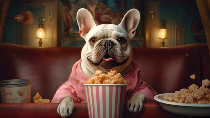 Lazy Leisure: French Bulldog Relaxed on a Sofa, Watching Movies and Enjoying Popcorn. Generative AI.