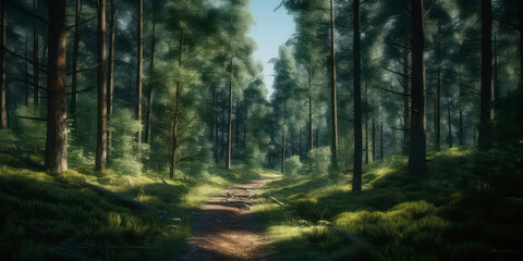 Obraz premium Woodland meadow landscape. Evergreen, deep forest with sunlight. Summer nature background, wallpaper. Generative ai