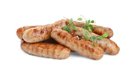 Tasty grilled sausages with microgreens isolated on white