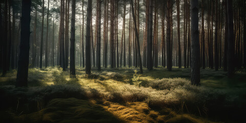 Obraz premium Woodland meadow landscape. Evergreen, deep forest with sunlight. Summer nature background, wallpaper. Generative ai