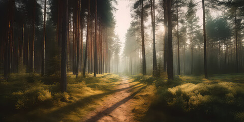 Fototapeta premium Woodland meadow landscape. Evergreen, deep forest with sunlight. Summer nature background, wallpaper. Generative ai