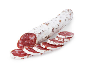 Delicious cut fuet sausage isolated on white