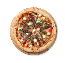 Tasty pizza with anchovies, arugula and olives isolated on white, top view