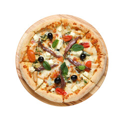 Tasty pizza with anchovies, arugula and olives isolated on white, top view