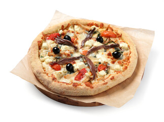 Tasty pizza with anchovies, arugula and olives isolated on white